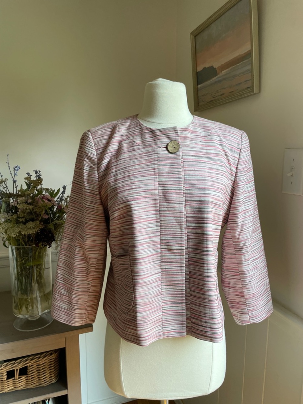 Striped Pink Collarless Women's Blazer Jacket with vintage tailoring